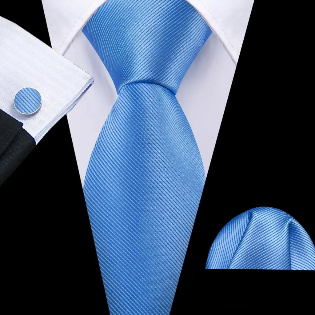 Barry.Wang Navy Royal Sky Blue Silk Men Tie Hanky Cufflinks Set Jacquard Teal Cyan Turquoise Necktie for Male Wedding Business