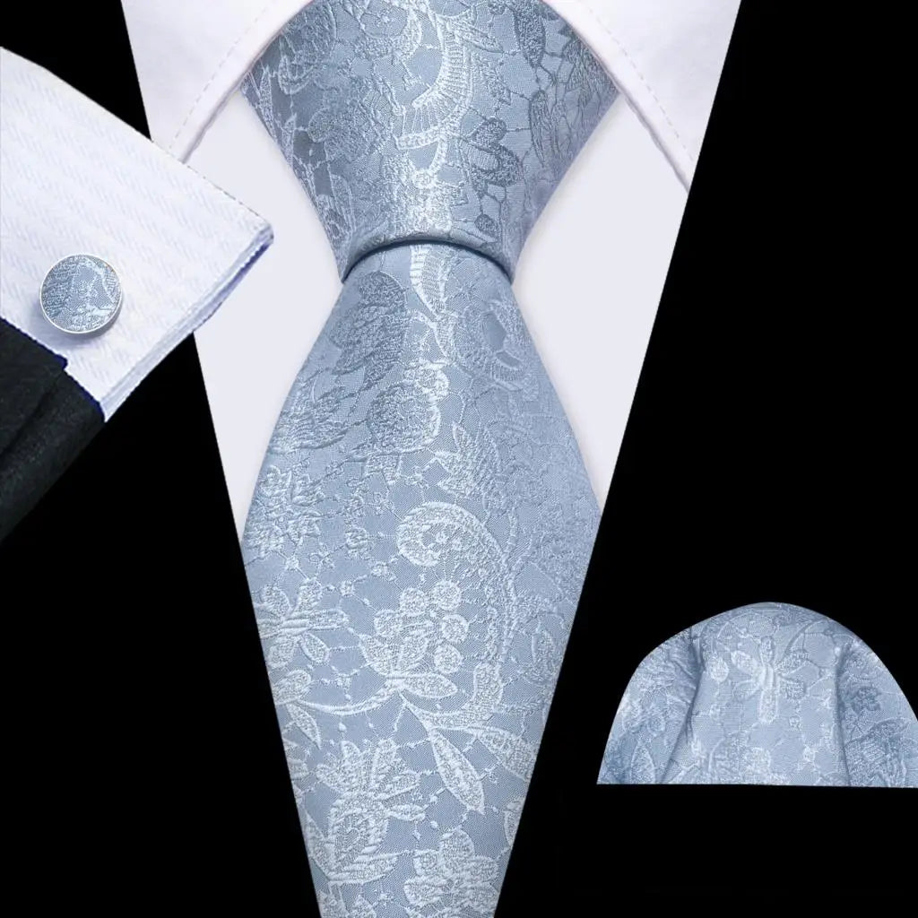 Barry.Wang Navy Royal Sky Blue Silk Men Tie Hanky Cufflinks Set Jacquard Teal Cyan Turquoise Necktie for Male Wedding Business