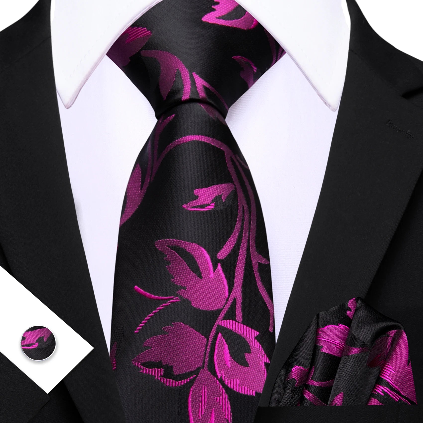 Barry.Wang Jacquard Watermelon &amp; Peach Pink Men Tie With Pocket Square Cufflinks Set Exquisiet Necktie For Male Wedding Business