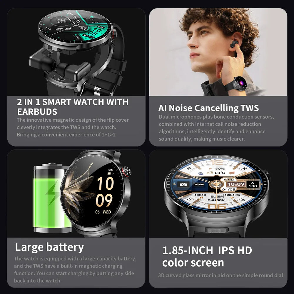 T-REX New 2in1 Smartwatch Tracker Compass Built in Headphones Bluetooth Call Smartwatch Health Monitor Fitness Men Sports Watch