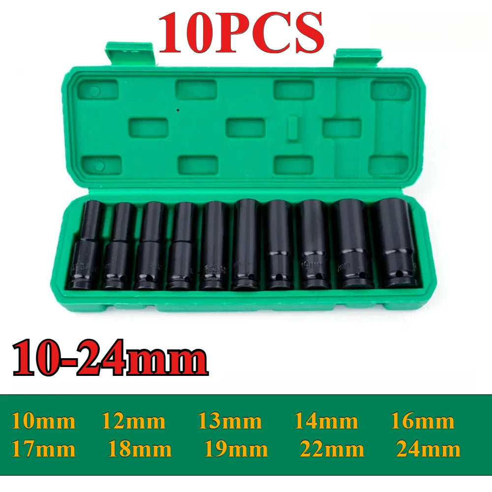 1/2Inch Drive 6-Point Impact Socket Set 10-Piece Metric Sizes 8-24m/10-24mm Carbon Steel Impact Socket Set with Hard Storage Box