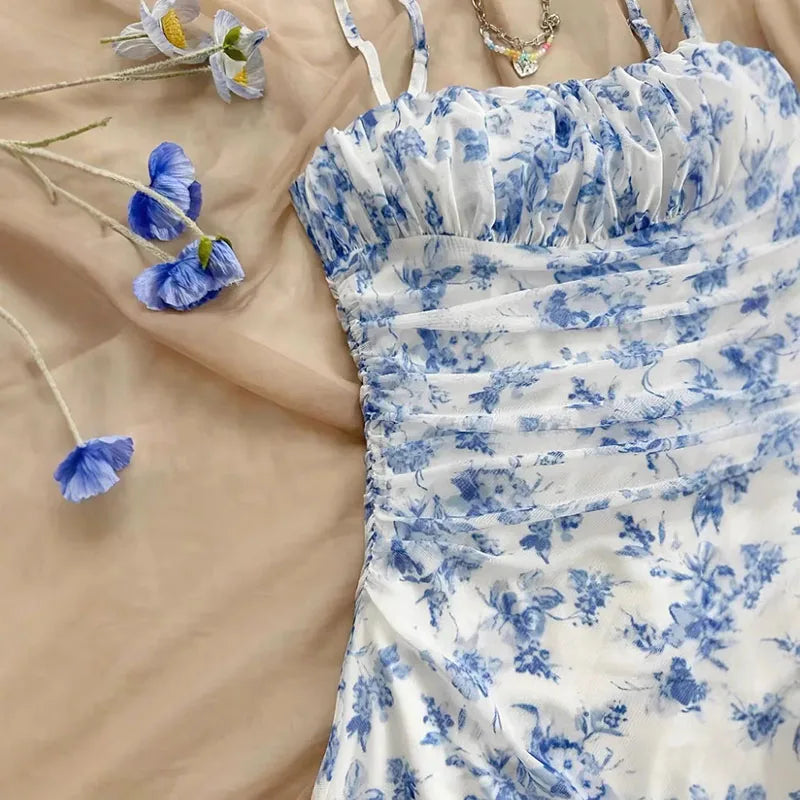 Summer Women Elegant Floral Mini Dress Fashion Fold High Waisted Slim A-Line Dresses Lady Sexy Backless Spaghetti Strap Sundress