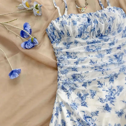 Summer Women Elegant Floral Mini Dress Fashion Fold High Waisted Slim A-Line Dresses Lady Sexy Backless Spaghetti Strap Sundress