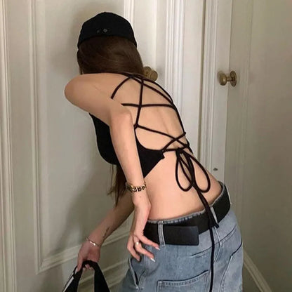 Y2K Backless Crop Top for Women Sleeveless Sexy Cute Black Vest Tank Top Summer Fashion Cropped Vest 2000s Style Female Clothing