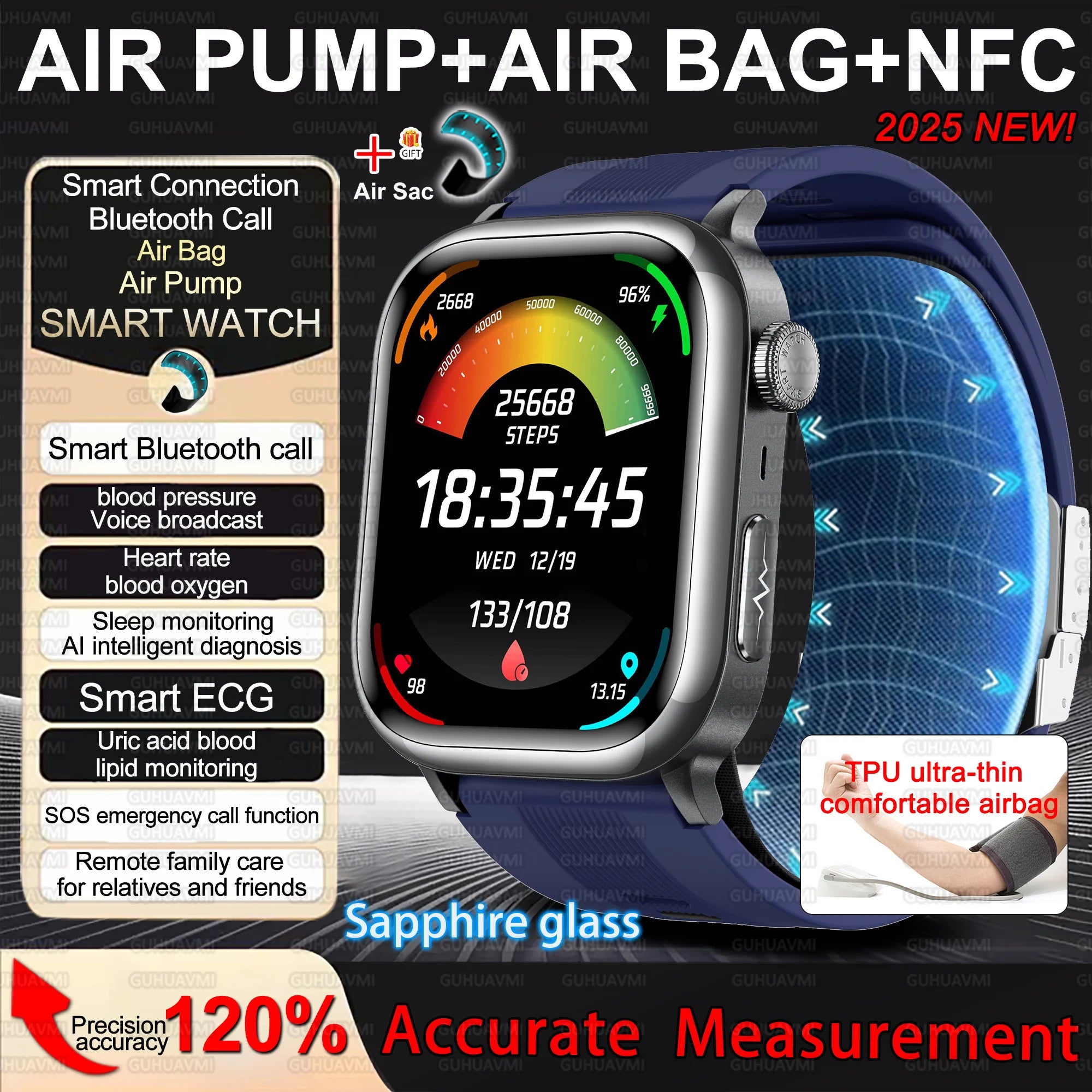 2026 New Air Pump+Air Bag+NFC Health SmartWatch Precise Blood Pressure Blood Fat Monitoring Voice Call Smartwatch For Men Women