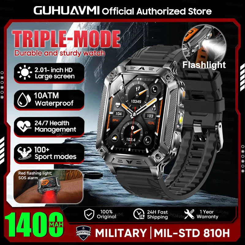 New Rugged Military Smart Watch Men 1400 mAh battery 2.01inch AMOLED Bluetooth Call 10ATM Waterproof LED flashlight Smart watch