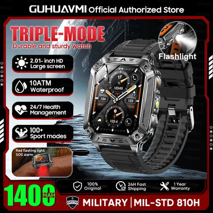 New Rugged Military Smart Watch Men 1400 mAh battery 2.01inch AMOLED Bluetooth Call 10ATM Waterproof LED flashlight Smart watch