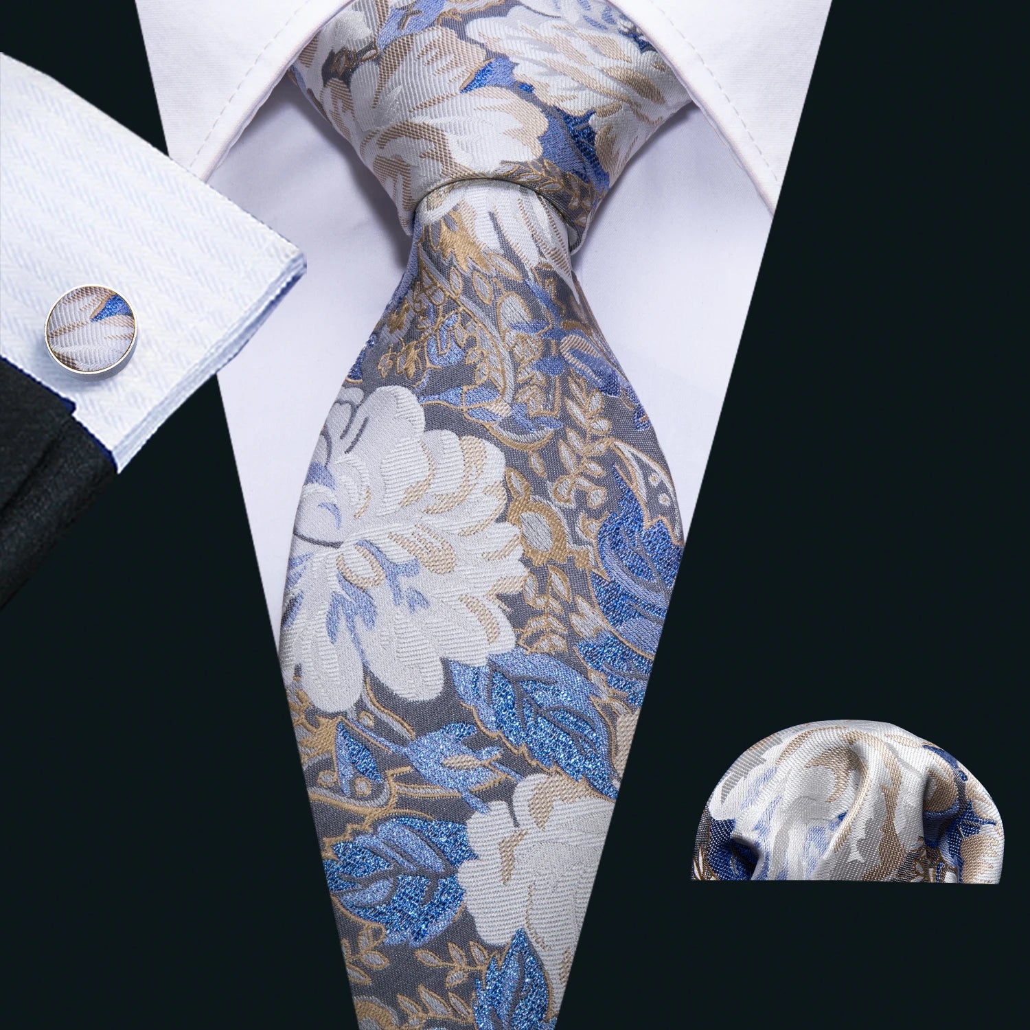 Barry.Wang Colorful Men Tie Handkerchief Cufflinks Set Novelty Floral Necktie for Male Designer Wedding Business Party Gift