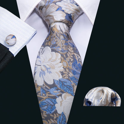Barry.Wang Colorful Men Tie Handkerchief Cufflinks Set Novelty Floral Necktie for Male Designer Wedding Business Party Gift