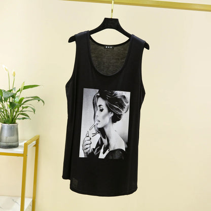 Women Long Tank Tops O-Neck Fashion Print Beauty&