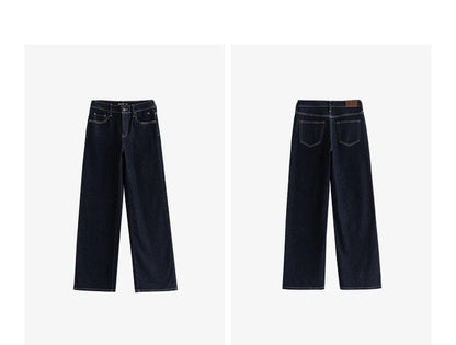TOYOUTH Women Jeans 2025 Winter New Wool-Blend Elastic Retro Original Color Mid-Low Waist Wide-Leg Trousers