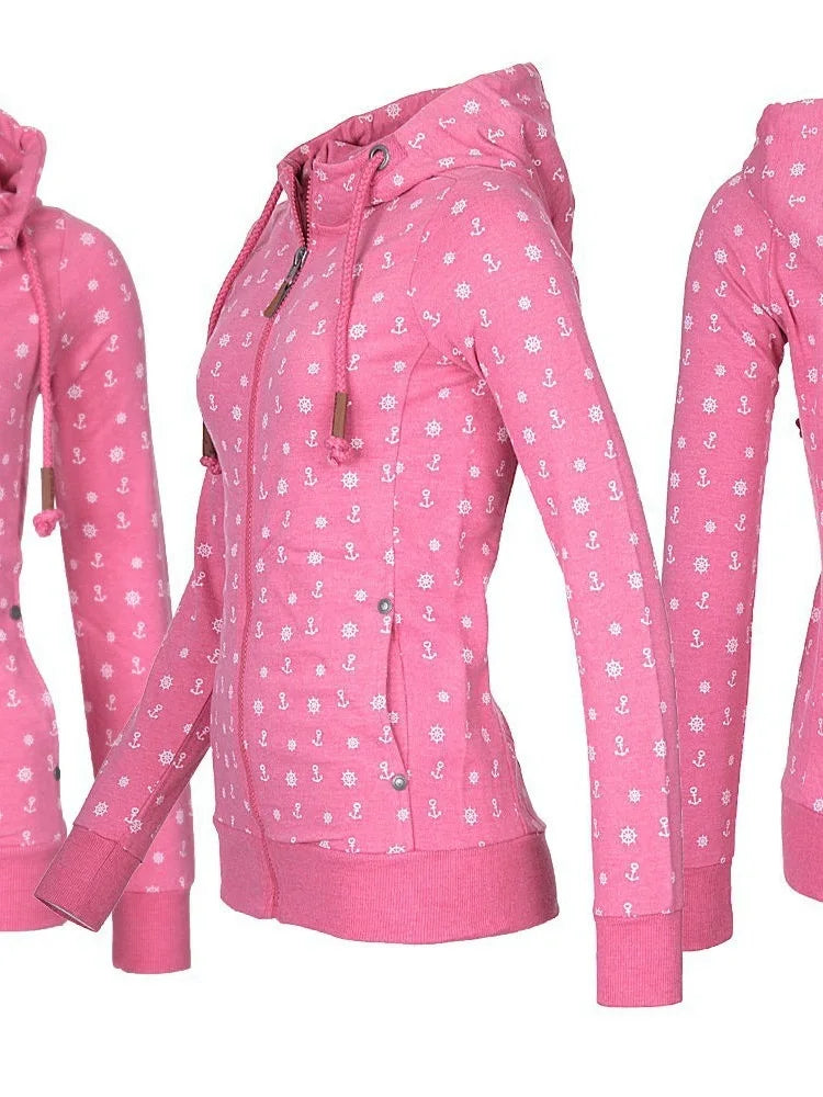 Floral Print Loose Long Sve Zipper Jaet Women&