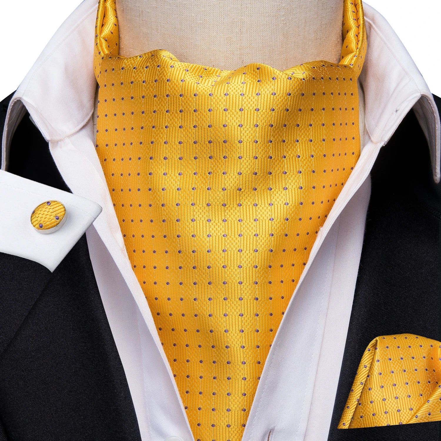 Hi-Tie Silk Mens Ascot Hanky Cufflinks Set Black Yellow White Paisley Cravat Tie Vest Dress Ascots Self Vintage Jacquard Woven