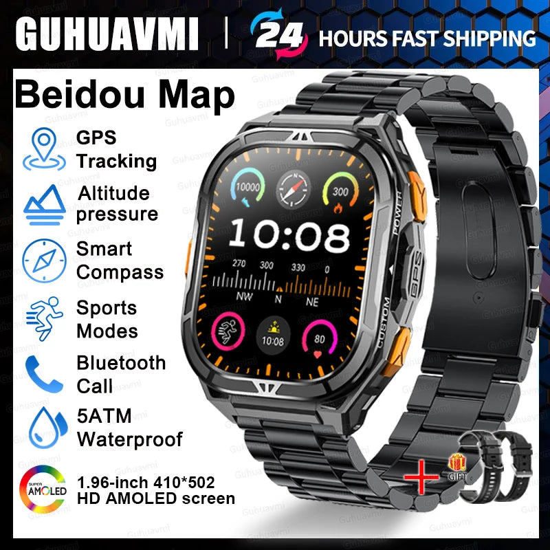 New GUHUAVMI TANK X5 SmartWatch MIL-STD-810H Rugged IP69K 5ATM L1+L5 GPS 1.96" AMOLED Compass OutdoorSport Watch for Android iOS