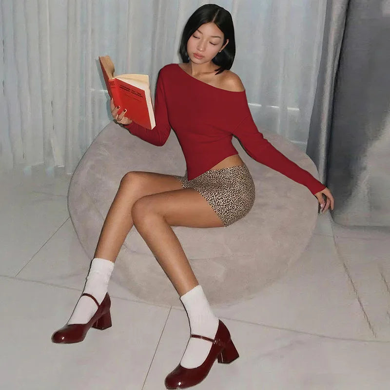 Talenza Women Casual Top Fashion Slim Slit Long Sleeve Pullover Top Sexy Strapless Pleated New Party Looks Top Female Streetwear