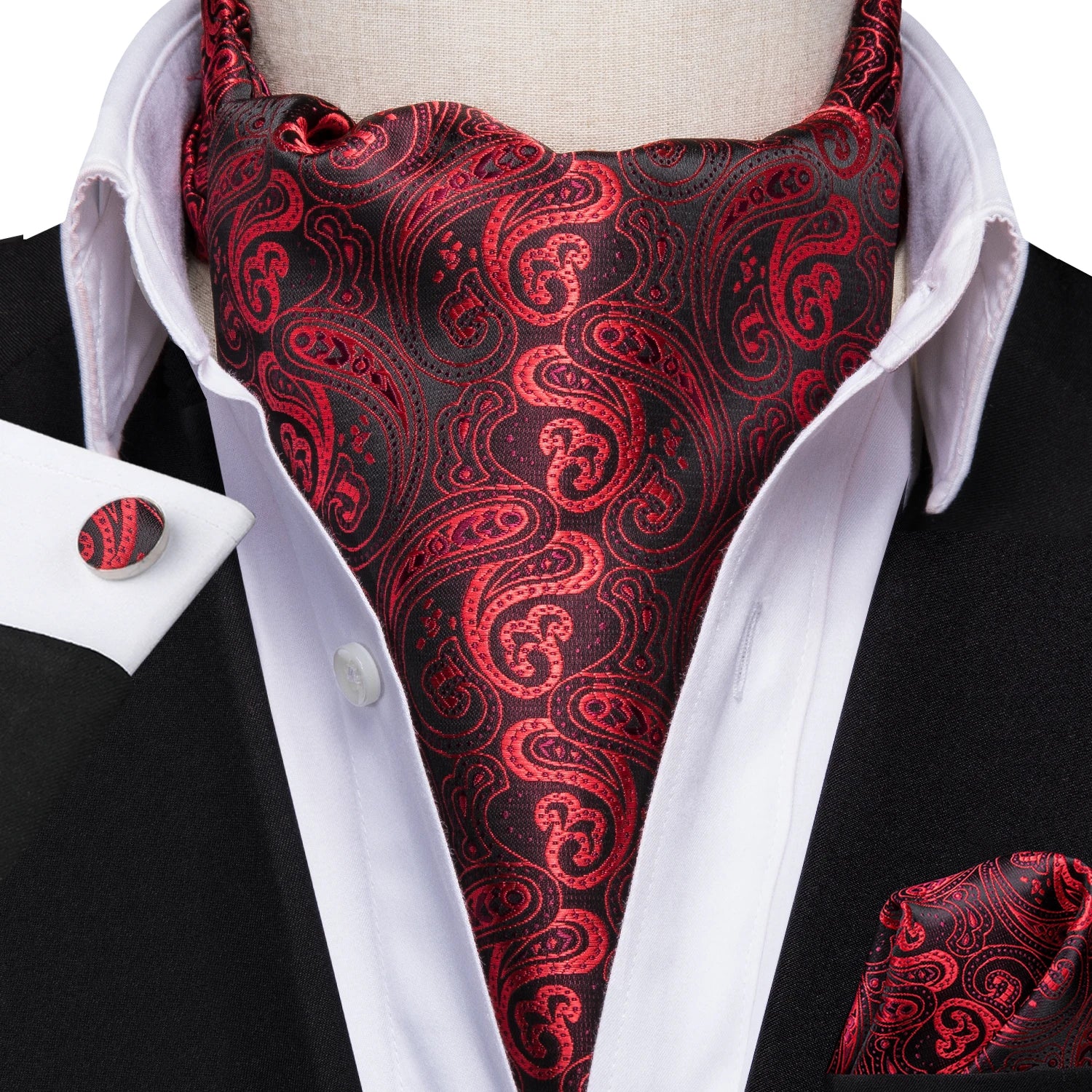 Hi-Tie Silk Mens Ascot Hanky Cufflinks Set Black Yellow White Paisley Cravat Tie Vest Dress Ascots Self Vintage Jacquard Woven