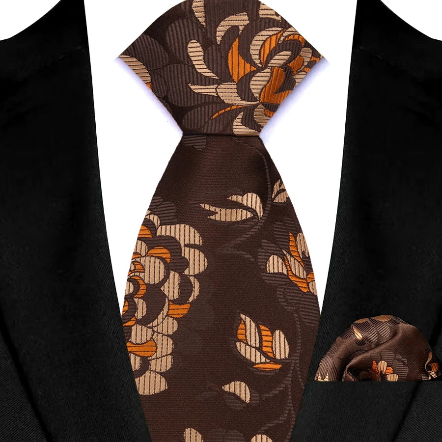 Mens 8cm Tie Set Orange Brown Floral Stripes Wedding Tie Hadkerchief Set For Men Fashion Design Quality Hanky Necktie Set