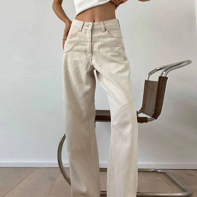 Beige Jeans Women Trendy European Style Loose Casual High Waist Spring All-match Streetwear Ins Hotsweet Simple New Full Length
