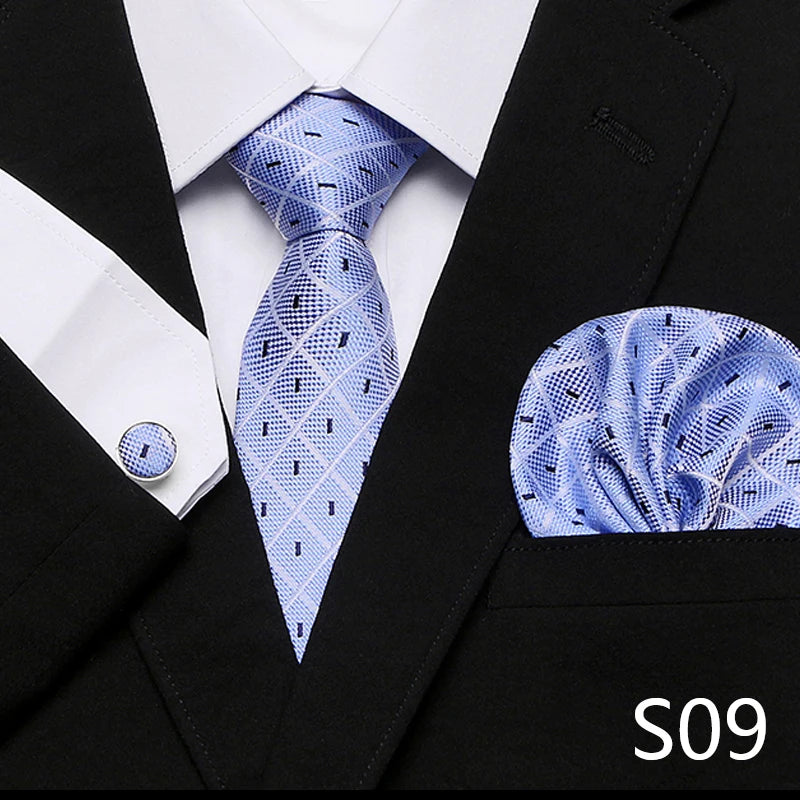 Men`s Tie Red Plaid print Jacquard Woven Tie Hanky Cufflinks Sets For Formal Wedding Business Party Free Postage