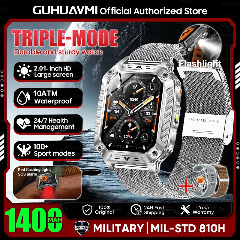 New Rugged Military Smart Watch Men 1400 mAh battery 2.01inch AMOLED Bluetooth Call 10ATM Waterproof LED flashlight Smart watch