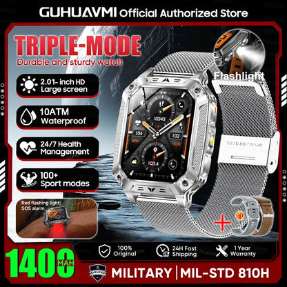 New Rugged Military Smart Watch Men 1400 mAh battery 2.01inch AMOLED Bluetooth Call 10ATM Waterproof LED flashlight Smart watch