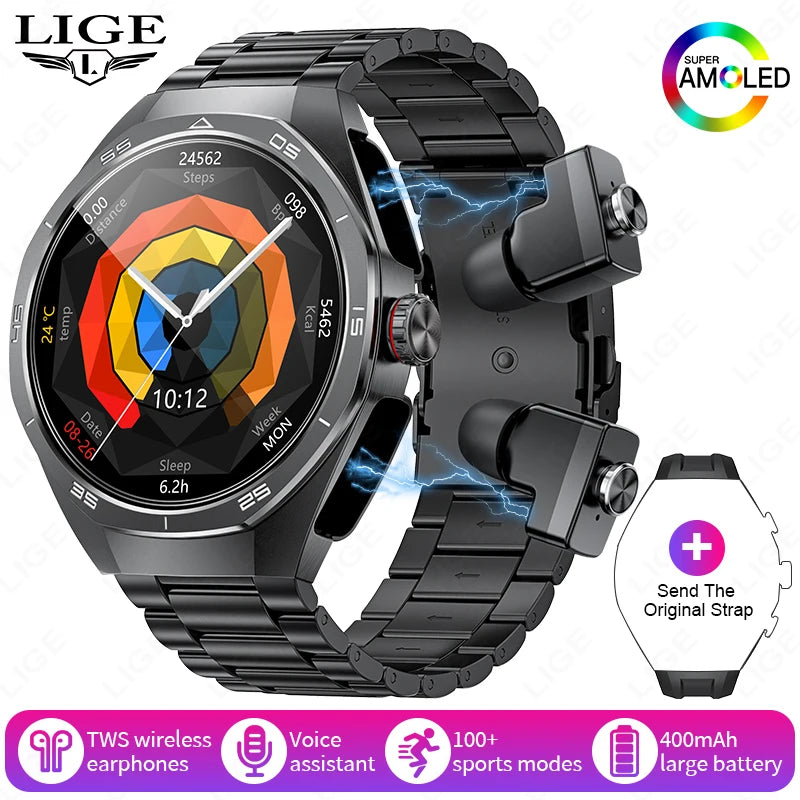 2025 New NFC Smart Watch with Earphones Bluetooth Earplugs Call Health Monitor Sports Music Headset Smartwatch for IOS Android