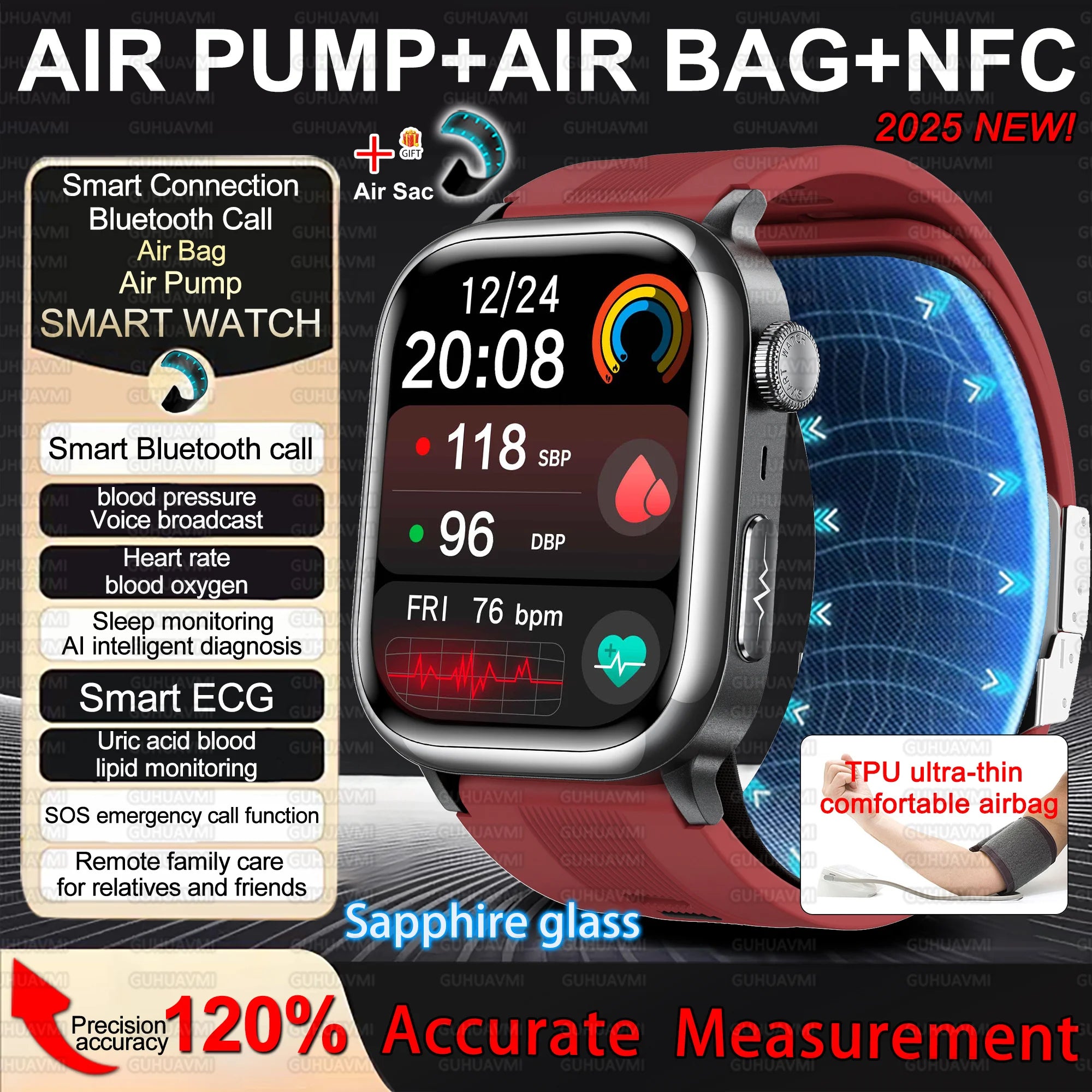 2026 New Air Pump+Air Bag+NFC Health SmartWatch Precise Blood Pressure Blood Fat Monitoring Voice Call Smartwatch For Men Women