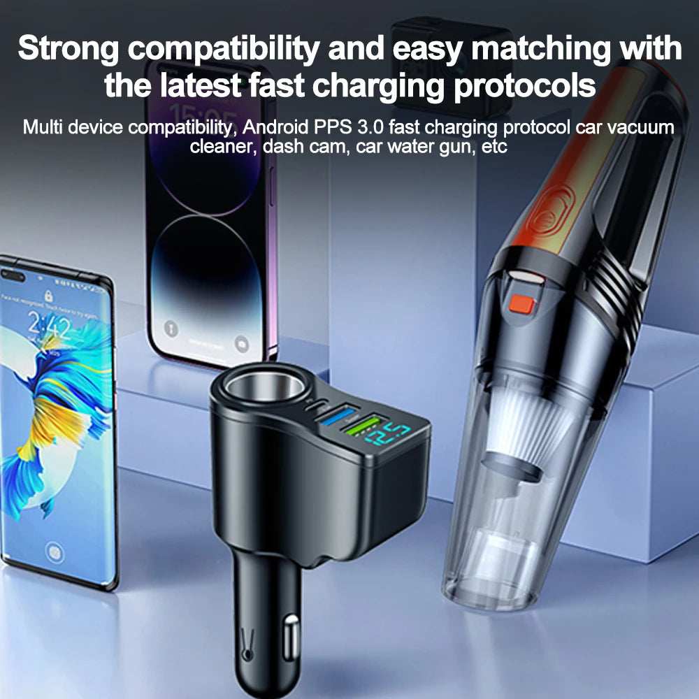 4-In-1 Power Adapter Car Charger Socket Distributor With 2 USB Ports 12V/24V USB Type-C PD Fast Charging with Digital Display