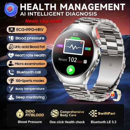 2026 New Accurate Body Health analysis Smart Watch Men ECG Blood lipids Uric acid Blood Pressure Body Fat Voice Call Smartwatch