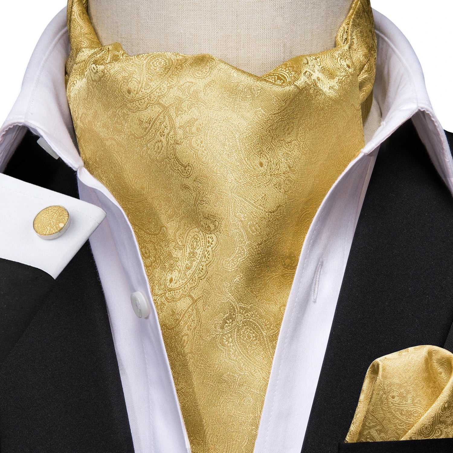 Hi-Tie Silk Mens Ascot Hanky Cufflinks Set Black Yellow White Paisley Cravat Tie Vest Dress Ascots Self Vintage Jacquard Woven