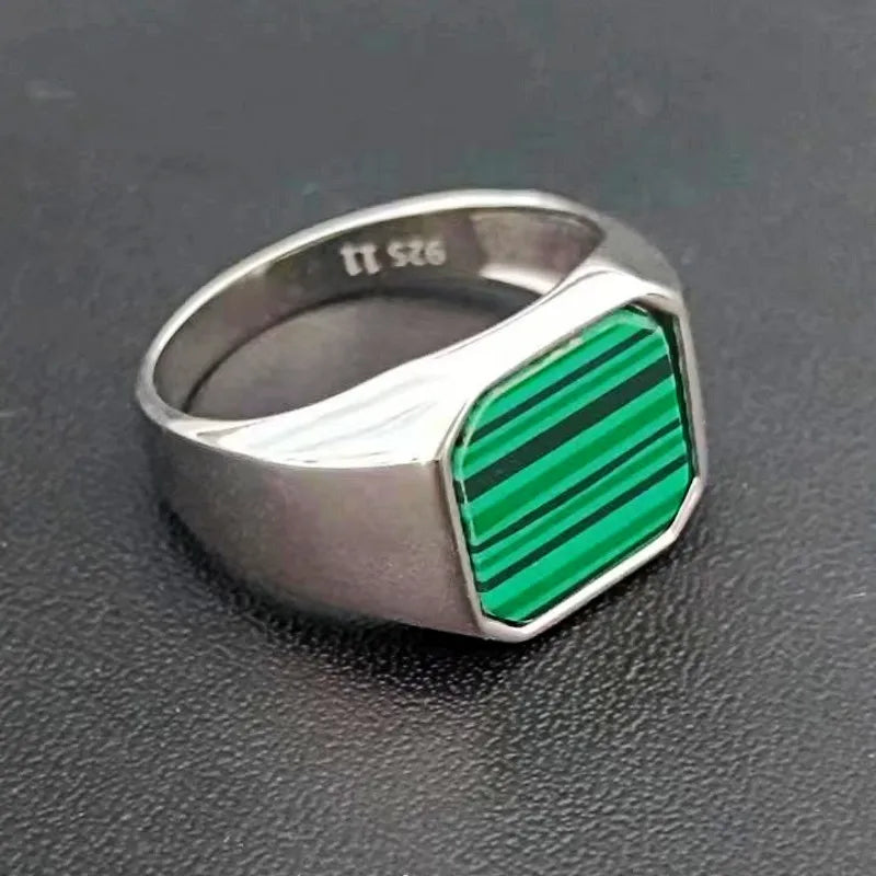 BOCAI  S925 Silver Jewelry Inlaid With Natural Malachite Stone Square Men&