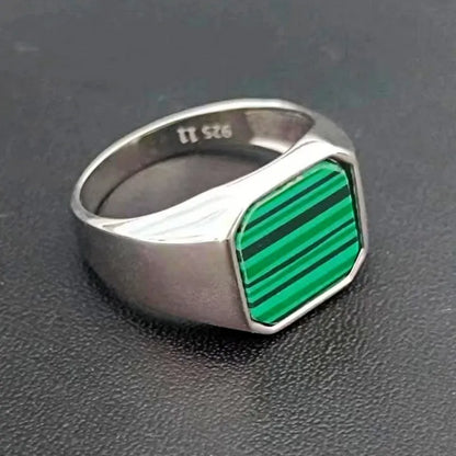 BOCAI  S925 Silver Jewelry Inlaid With Natural Malachite Stone Square Men&