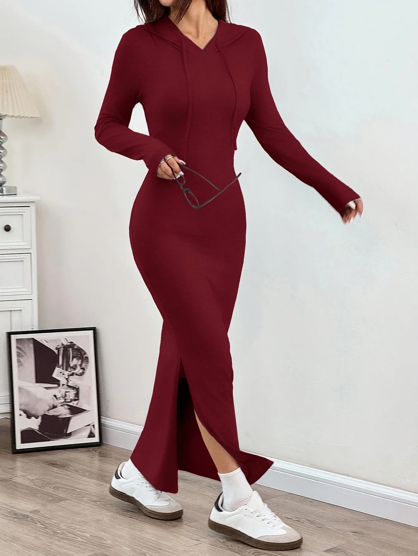 Spring and Autumn New Hooded Long Cross Knee Casual Fashion Dress