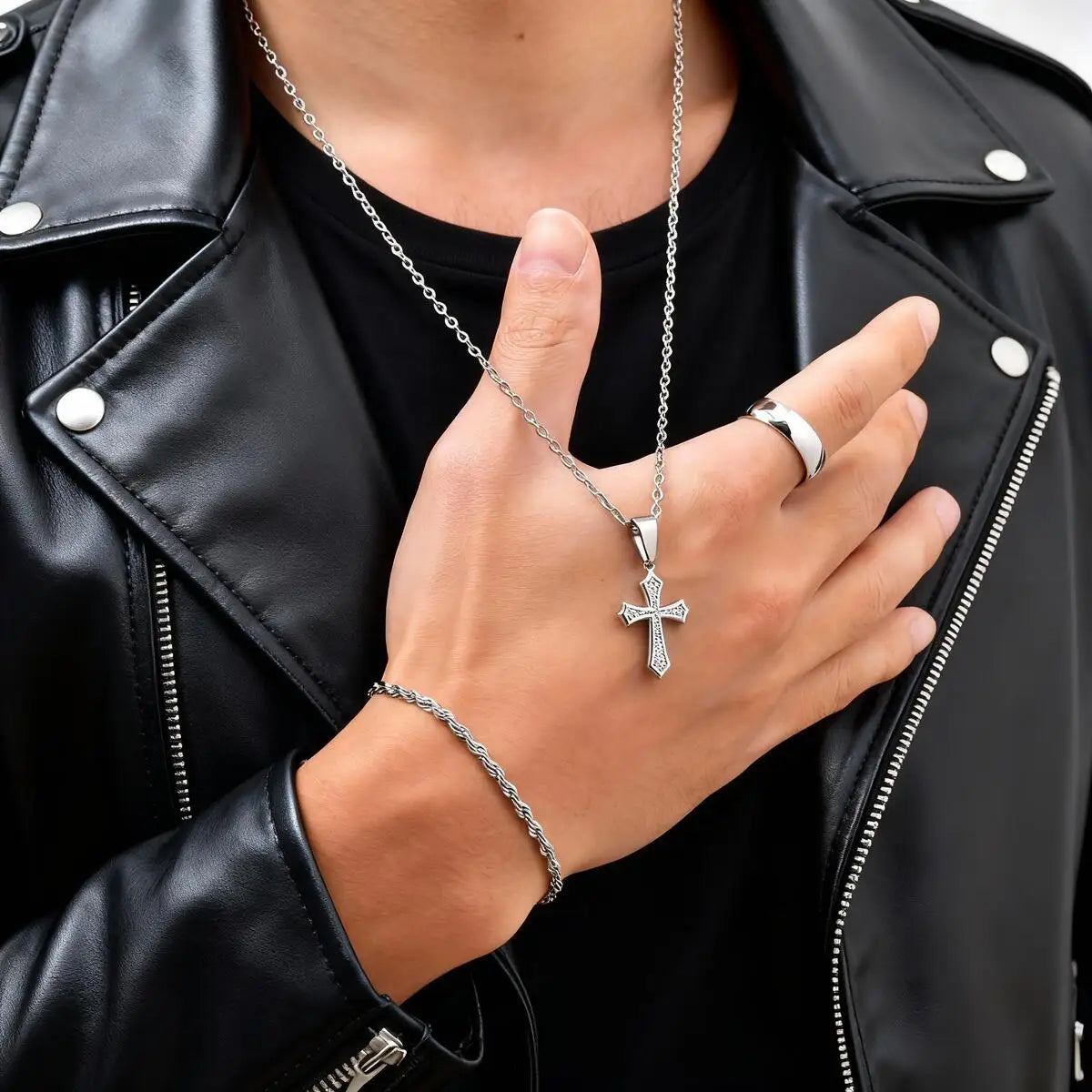 3pcs Dainty Cross Necklace Set for Men Boys,Waterproof Stainless Steel Chain Bracelet,Fashion Cool Male Jewelry Set Gift