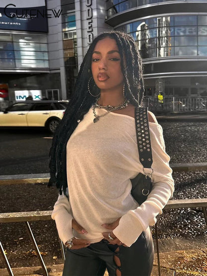 Cutenew Classic Basic Women Tees Autumn Solid Concise Full Sleeve Incline Shoulder Tops Female Casual All-matched Streetwear