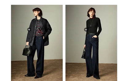 TOYOUTH Women Jeans 2025 Winter New Wool-Blend Elastic Retro Original Color Mid-Low Waist Wide-Leg Trousers