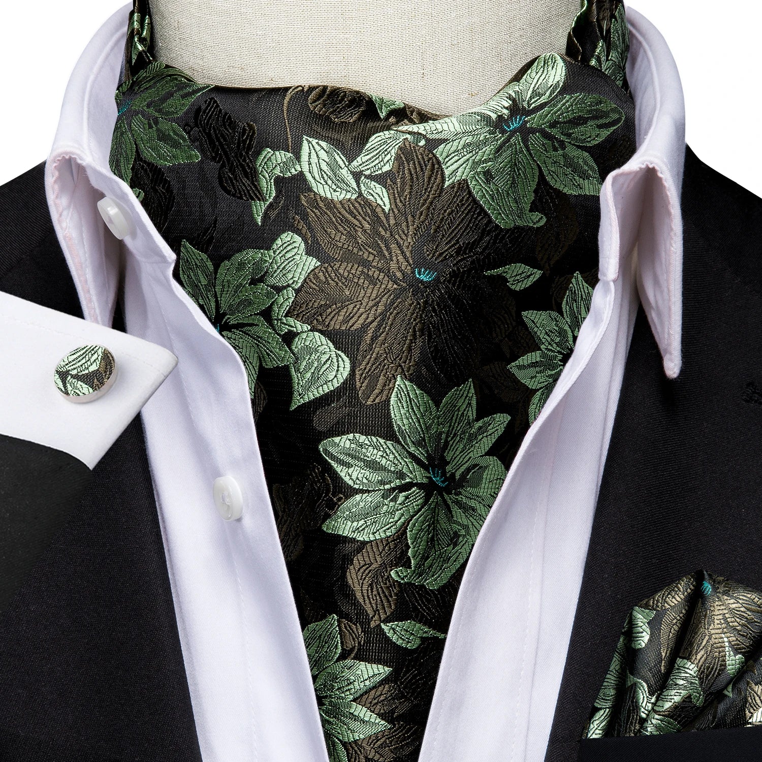 Hi-Tie Silk Mens Ascot Hanky Cufflinks Set Black Yellow White Paisley Cravat Tie Vest Dress Ascots Self Vintage Jacquard Woven