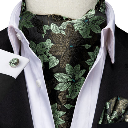 Hi-Tie Silk Mens Ascot Hanky Cufflinks Set Black Yellow White Paisley Cravat Tie Vest Dress Ascots Self Vintage Jacquard Woven