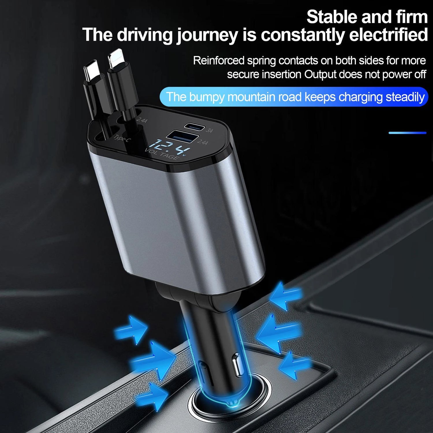 W&amp;O 4-in-1 Vehicle Charger, 120 Watt Fast Charging, Retractable Cable, 2 USB Ports, Compatible with All Vehicles iOS &amp; TYPE-C