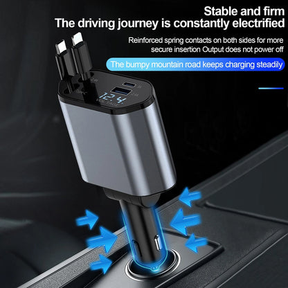 W&amp;O 4-in-1 Vehicle Charger, 120 Watt Fast Charging, Retractable Cable, 2 USB Ports, Compatible with All Vehicles iOS &amp; TYPE-C