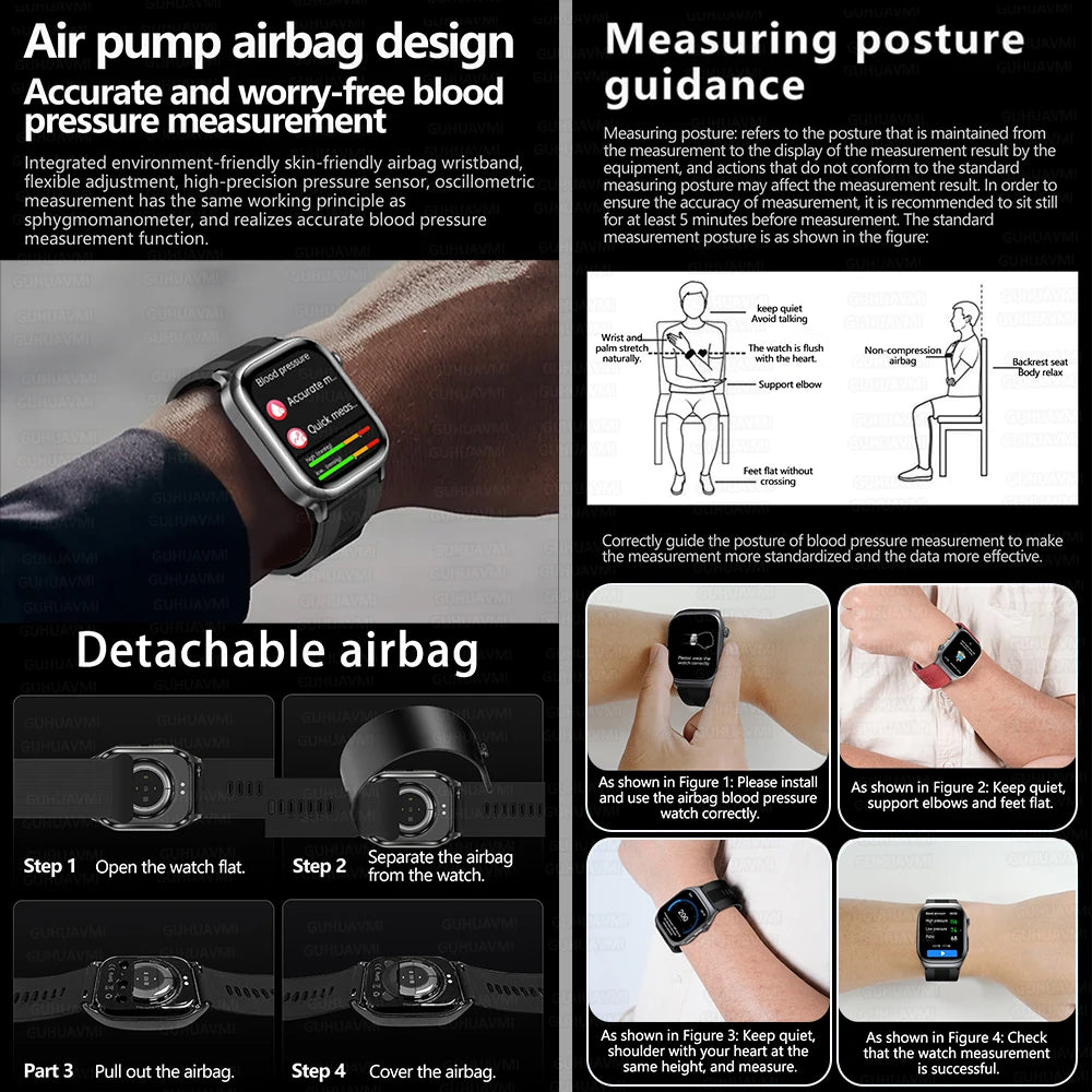 2026 New Air Pump+Air Bag+NFC Health SmartWatch Precise Blood Pressure Blood Fat Monitoring Voice Call Smartwatch For Men Women