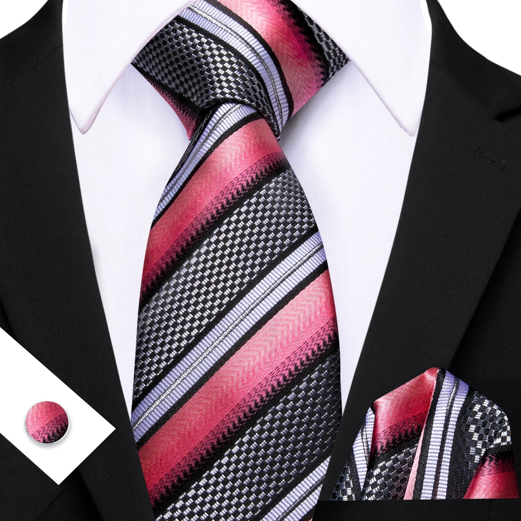 Barry.Wang Jacquard Watermelon &amp; Peach Pink Men Tie With Pocket Square Cufflinks Set Exquisiet Necktie For Male Wedding Business