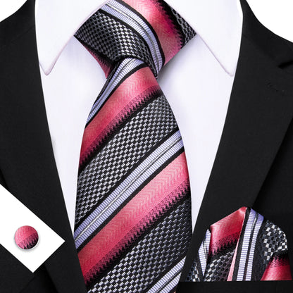 Barry.Wang Jacquard Watermelon &amp; Peach Pink Men Tie With Pocket Square Cufflinks Set Exquisiet Necktie For Male Wedding Business