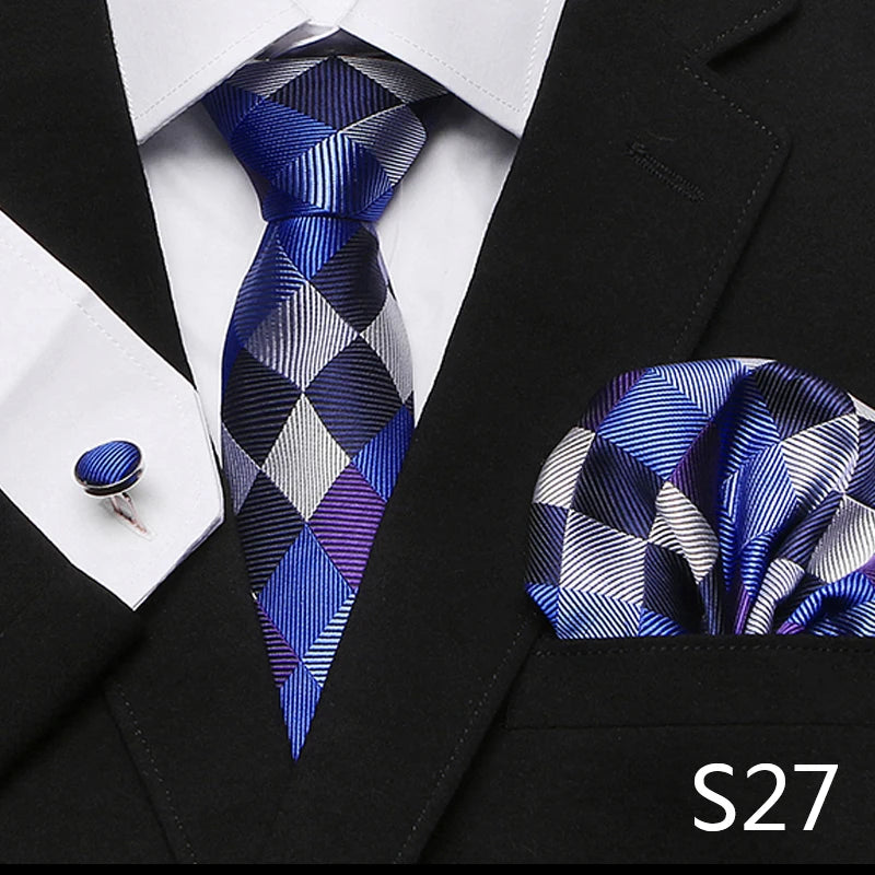 Men`s Tie Red Plaid print Jacquard Woven Tie Hanky Cufflinks Sets For Formal Wedding Business Party Free Postage