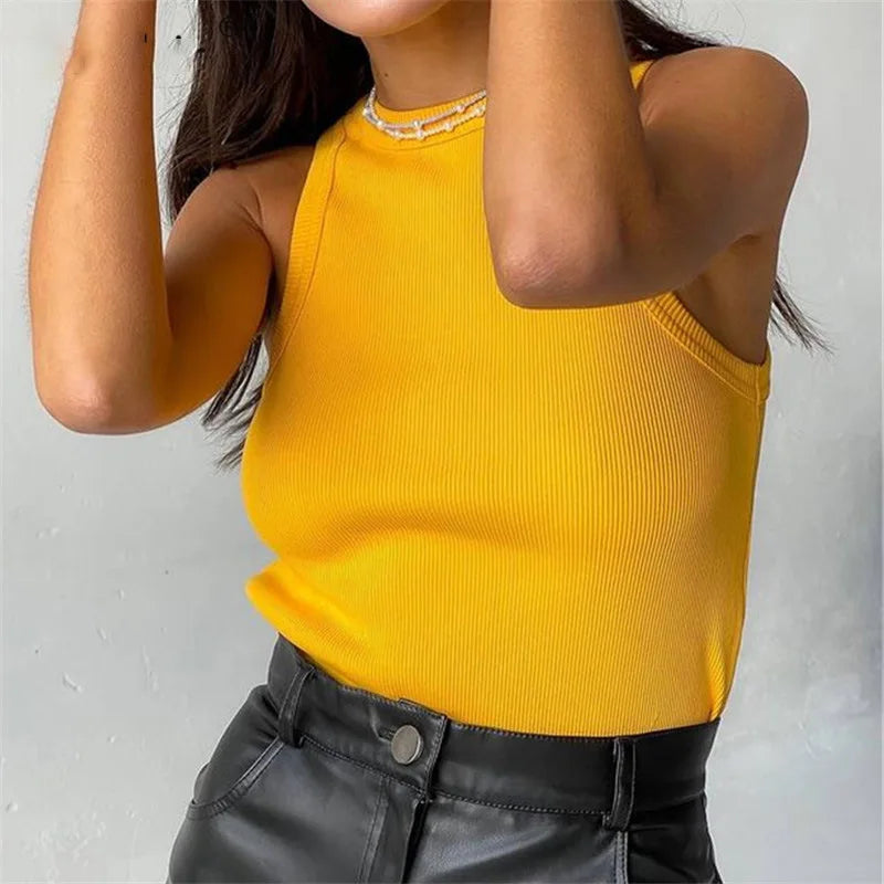 Tank Tops Women Yellow Casual Vest Sleeveless Camis Shoulder Women&