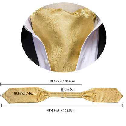Hi-Tie Silk Mens Ascot Hanky Cufflinks Set Black Yellow White Paisley Cravat Tie Vest Dress Ascots Self Vintage Jacquard Woven