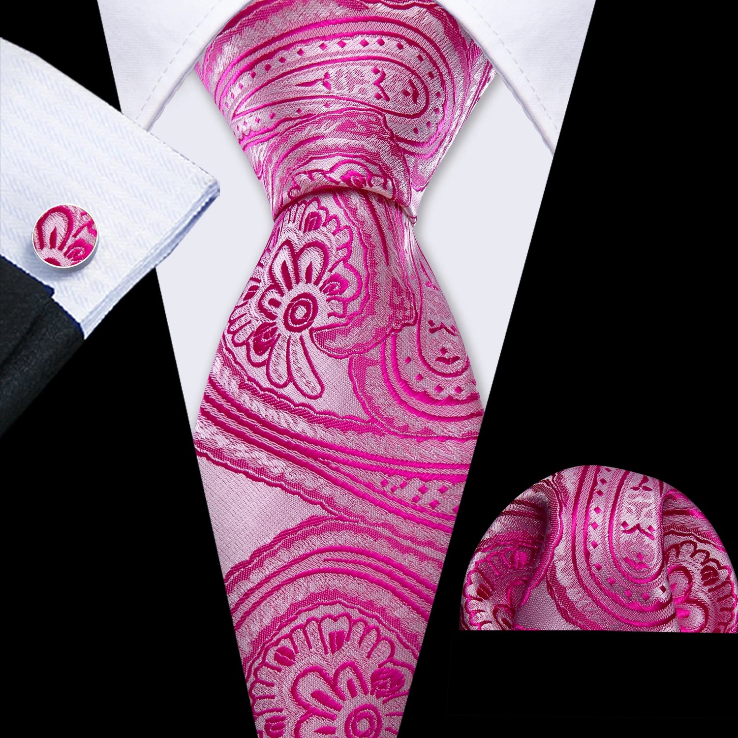 Barry.Wang Jacquard Watermelon &amp; Peach Pink Men Tie With Pocket Square Cufflinks Set Exquisiet Necktie For Male Wedding Business