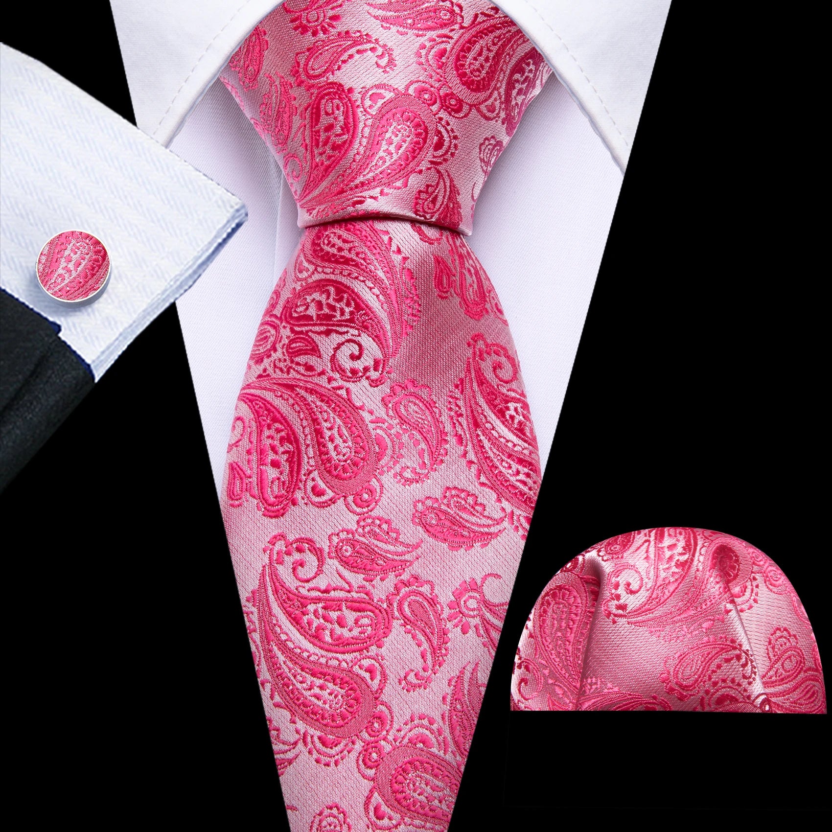 Barry.Wang Jacquard Watermelon &amp; Peach Pink Men Tie With Pocket Square Cufflinks Set Exquisiet Necktie For Male Wedding Business