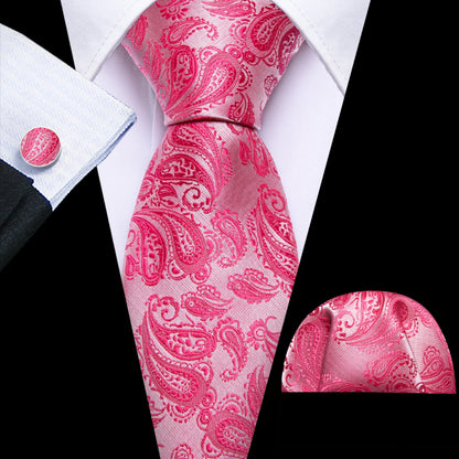 Barry.Wang Jacquard Watermelon &amp; Peach Pink Men Tie With Pocket Square Cufflinks Set Exquisiet Necktie For Male Wedding Business