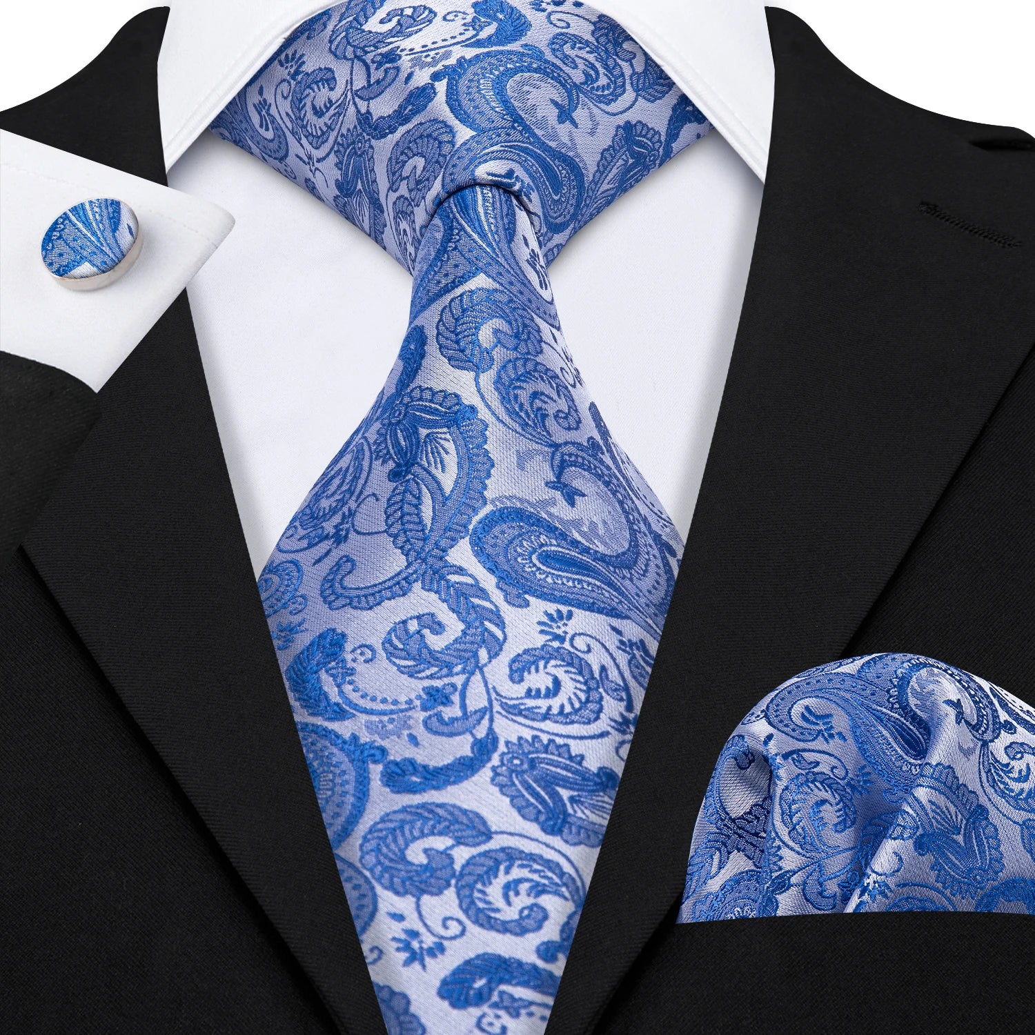 Barry.Wang Navy Royal Sky Blue Silk Men Tie Hanky Cufflinks Set Jacquard Teal Cyan Turquoise Necktie for Male Wedding Business